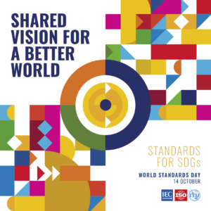 Shared vision for a better world. Standards for SDGs. World Standards Day 14 October. Logos: IEC, ISO, ITU
